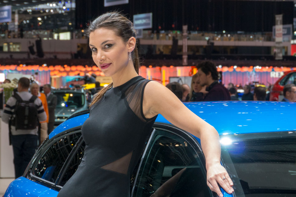 Model with Jaguar at Geneva motor show