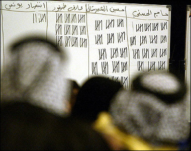 Iraqi members of the National Assembly watch the board as votes are counted to elect a Speaker and two deputies during a meeting of the National Assembly in Baghdad's Green Zone. Iraq's new parliament finally elected a speaker - Hajem al-Hassani, and two deputies Shiite Muslim Hussein al-Shahrastani and Kurd Aref Tayfur, two months after historic elections took place.(AFP/Karim Sahib) 