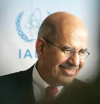 International Atomic Energy Agency (IAEA) Director General Mohammed Elbaradei smiles as he briefs the media after a IAEA board of governors meeting in Vienna June 13, 2005. REUTERS