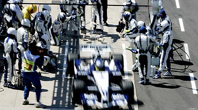 BMW Williams Formula One driver Nick Heidfeld of Germany exits the pits during the British Grand Prix at the Silverstone race track in Northamptonshire, central England, July 10, 2005.