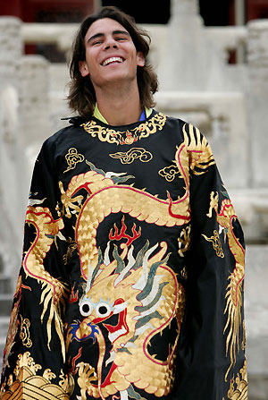 Spanish tennis player Rafael Nadal poses in Chinese royal attire at the Imperial Ancestral Temple in Beijing September 13, 2005.