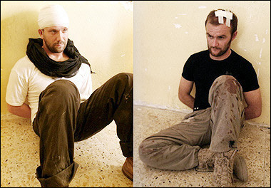 A combo shows two British soldiers detained by Iraqi police sitting in a police station in the southern Iraqi city of Basra.