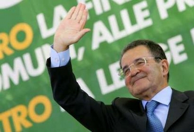 Italy's opposition leader Romano Prodi greets demonstrators gathered at Rome's Popolo square October 9, 2005