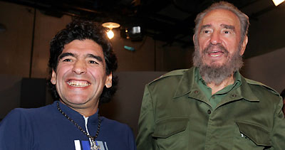 Argentine soccer hero Diego Maradona promised Cuban President Fidel Castro on Thursday he would be at the front of an anti-Bush march in Argentina next week. 