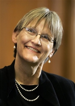 Newly appointed President of Harvard University Drew Gilpin Faust listens to introductions at a news conference at Harvard in Cambridge, Mass., Sunday, Feb. 11, 2007. Harvard University named historian Faust as its first female president on Sunday, ending a lengthy and secretive search to find a successor to Lawrence Summers and his tumultuous five-year tenure. (AP Photo/Michael Dwyer) 